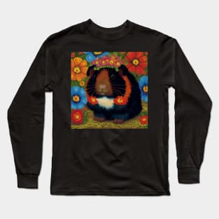 Pretty Black Guinea Pig With Red Flowers Long Sleeve T-Shirt